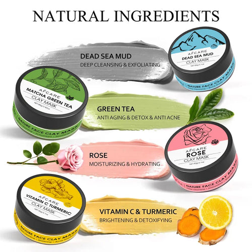 4-Piece Clay Facial Mask Set (320g) | Turmeric, Green Tea, Dead Sea Mud & Rose Clay