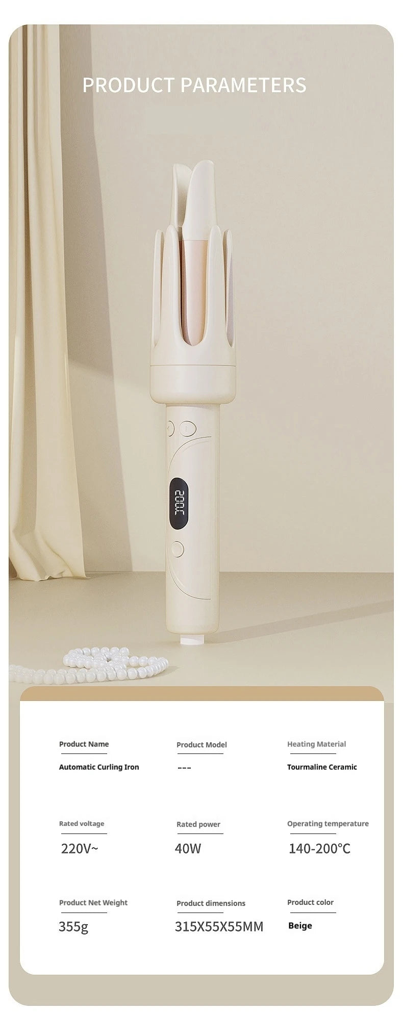 Professional Automatic Ceramic Hair Curler Wand with LED Display | Fast-Curling Long Barrel Iron
