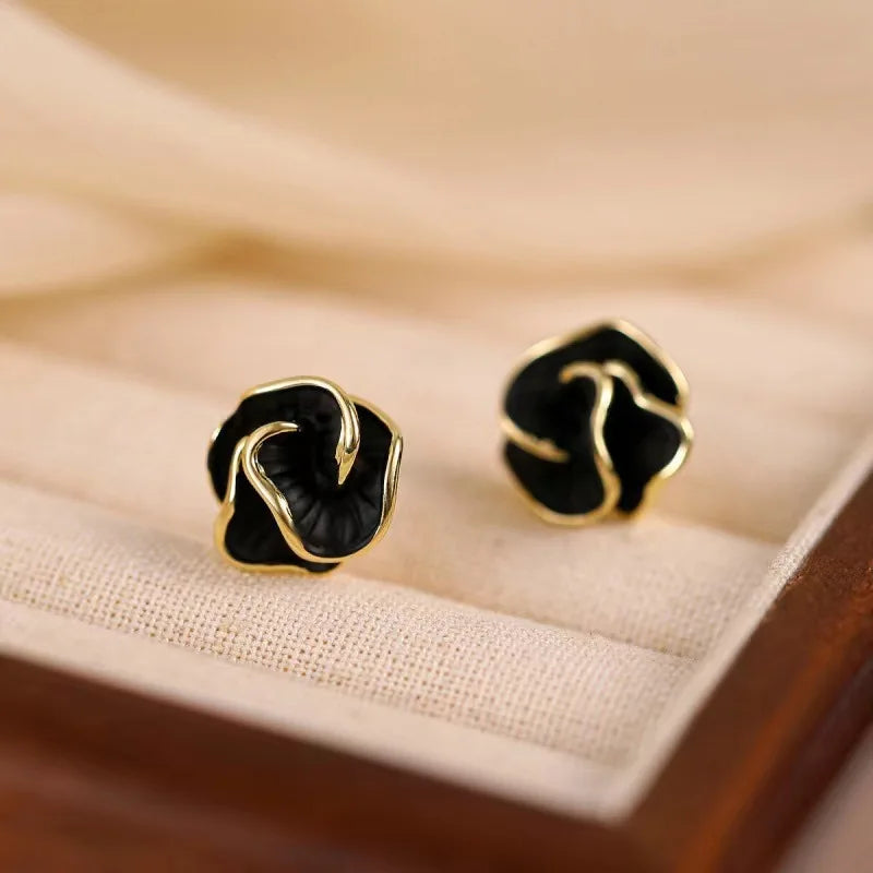 Enamel Camellia Flower Stud Earrings – French Chic Black & White Jewelry