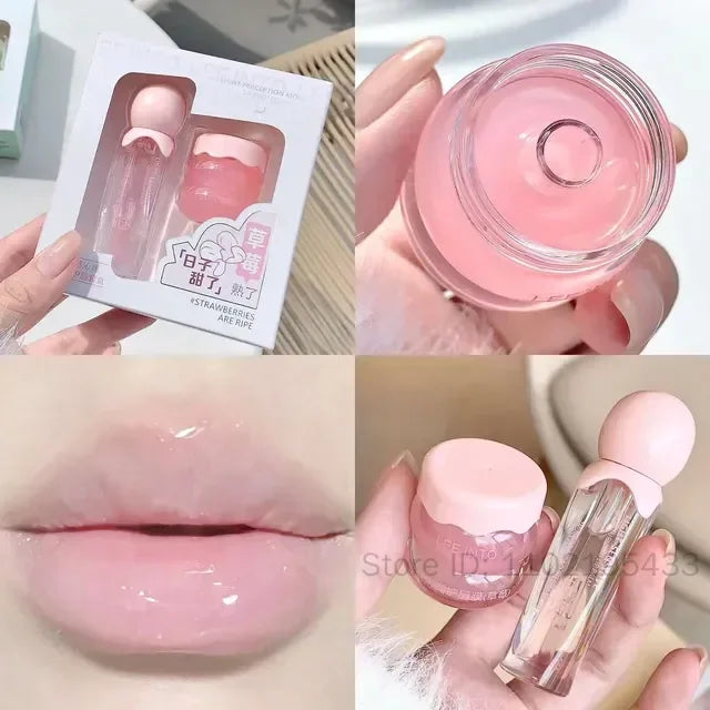 2Pcs Crystal Glass Lip Gloss & Hydrating Lip Mask Set – Non-Sticky Plumping Lip Care Duo