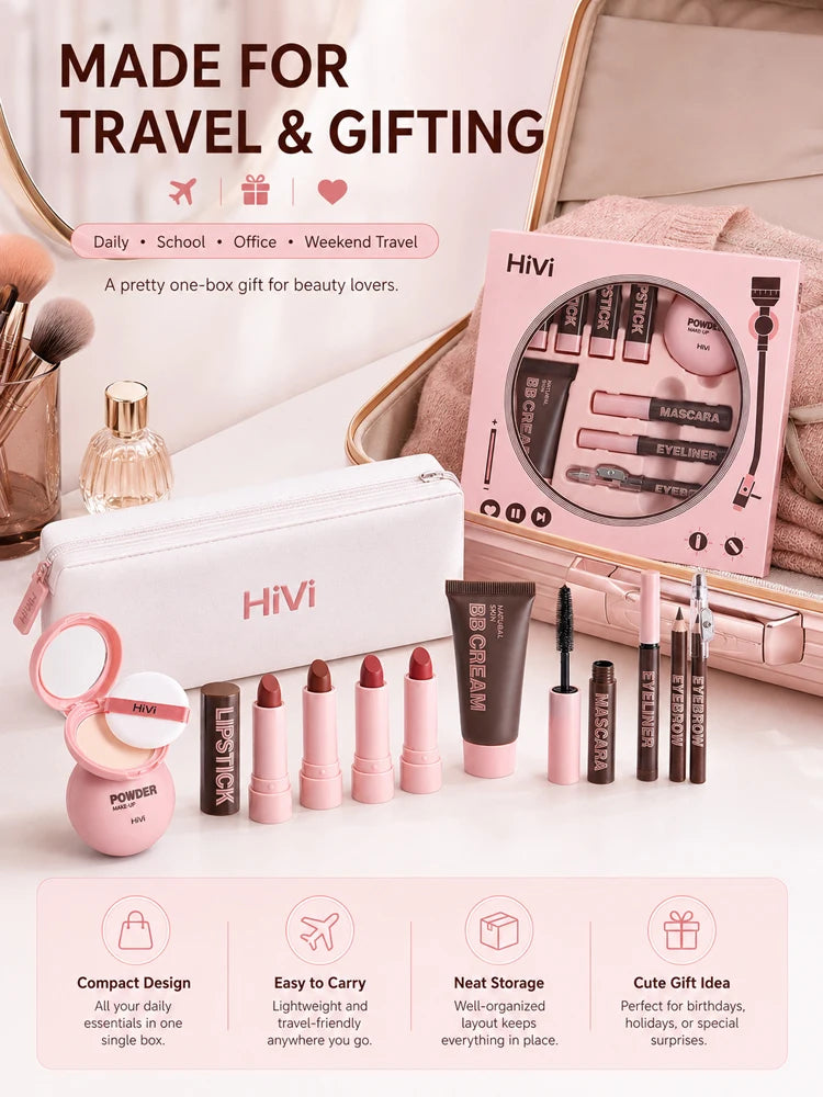 9-Piece All-In-One Complete Makeup Gift Set | Full Face Travel Beauty Box with Lipstick & Mascara