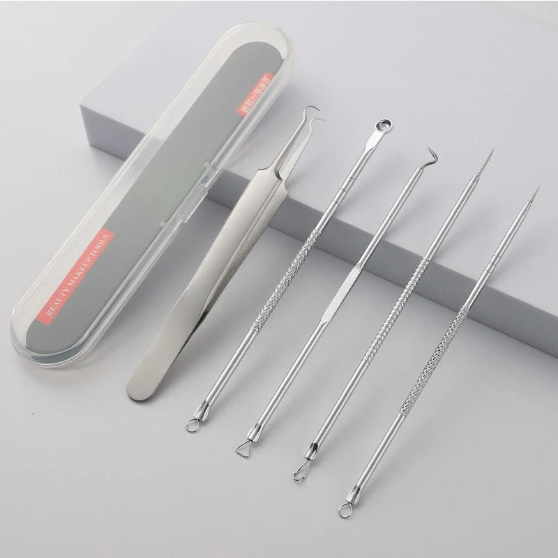 Professional Stainless Steel Blackhead Removal Set (4–5 Pcs) – Acne Needles & Precision Tweezers