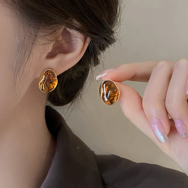 Melard Brown Tiger Eye Resin Drop Earrings – Vintage-Inspired Silver Needle Dangles