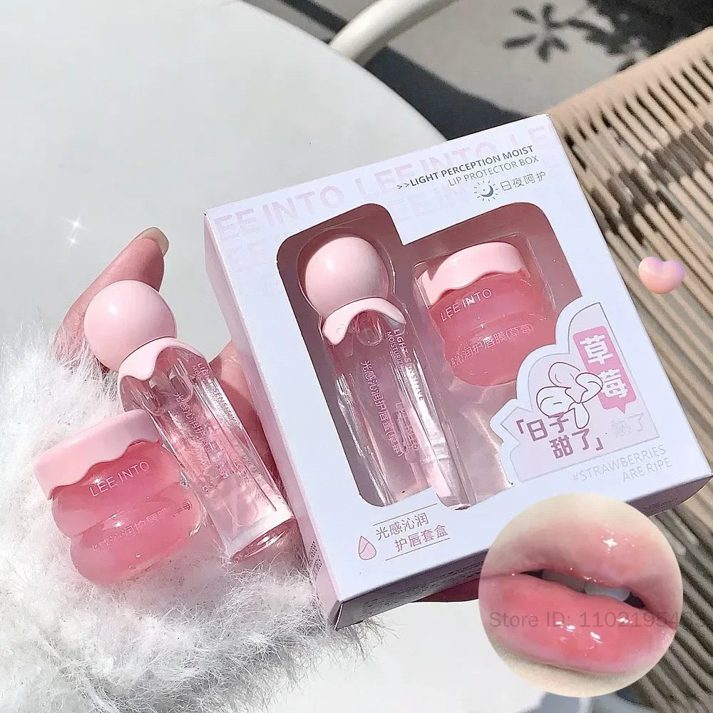 2Pcs Crystal Glass Lip Gloss & Hydrating Lip Mask Set – Non-Sticky Plumping Lip Care Duo
