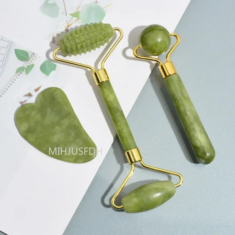 Natural Jade Roller & Gua Sha Set | Facial Massager & Anti-Wrinkle Lifting Tools