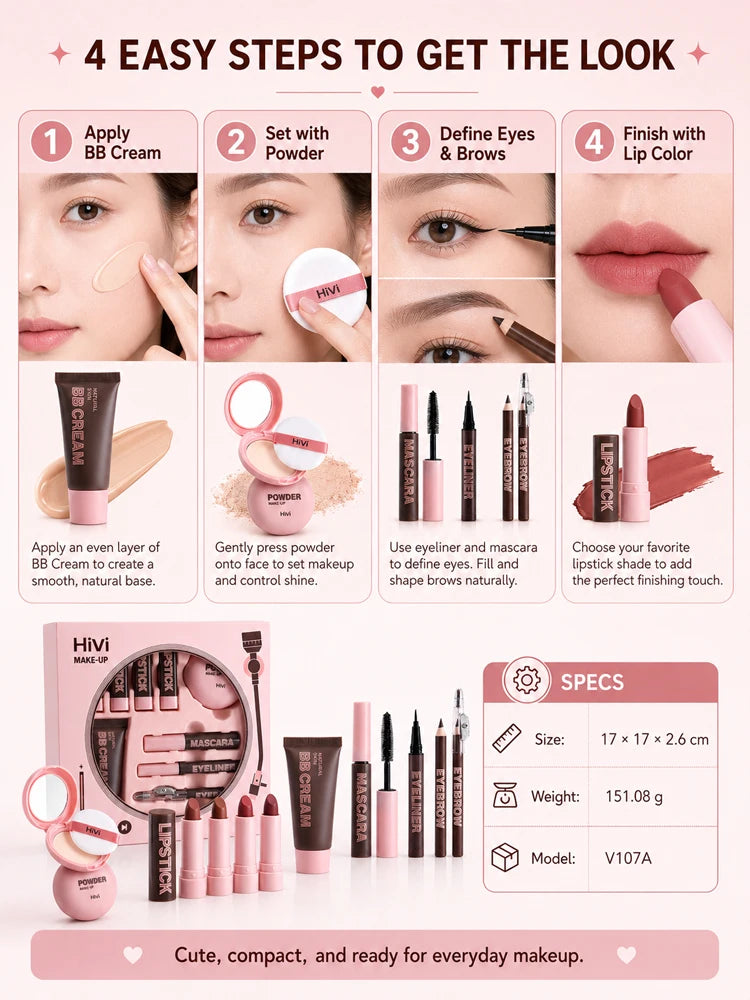 9-Piece All-In-One Complete Makeup Gift Set | Full Face Travel Beauty Box with Lipstick & Mascara