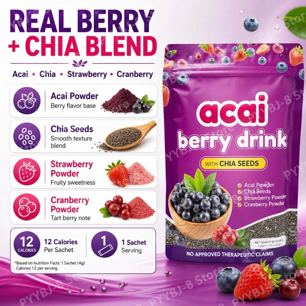 Acai Berry Powder 10packs Per Bag with Chia Seeds and 7 Types of Berry Powders For Weight Management
