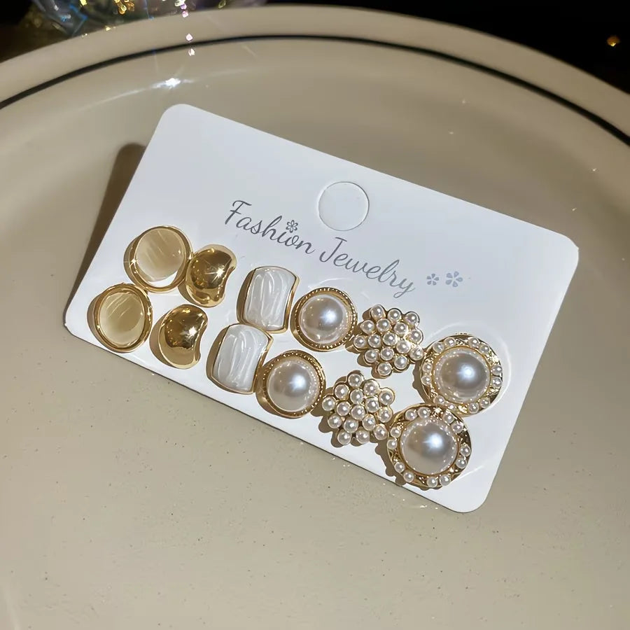 6 Pairs Enamel & Pearl Stud Earrings Set | Cat's Eye Stone & Dainty Minimalist Earrings